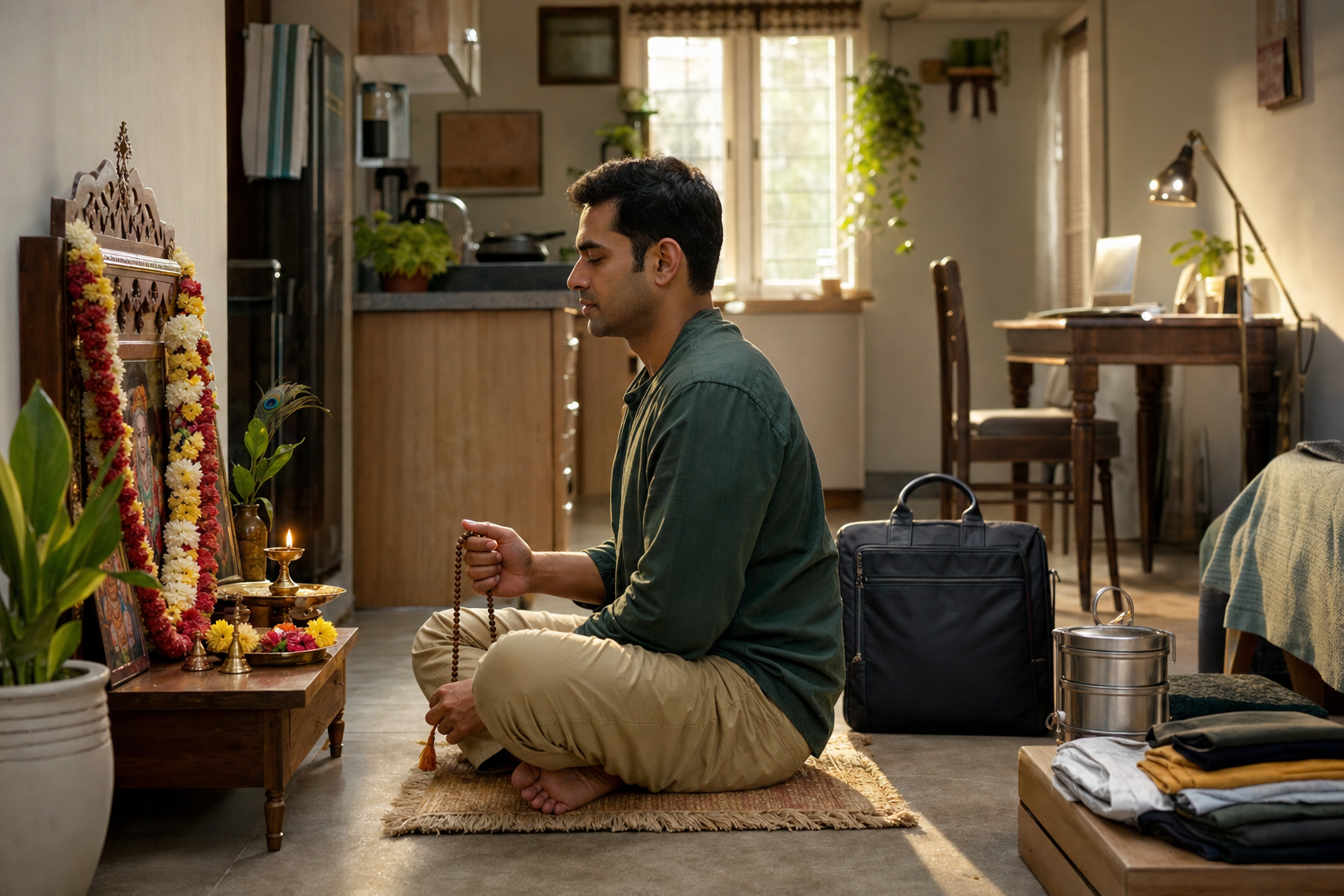 A devotee chants with meditation beads beside a small home altar while work and household items wait nearby in the morning light.