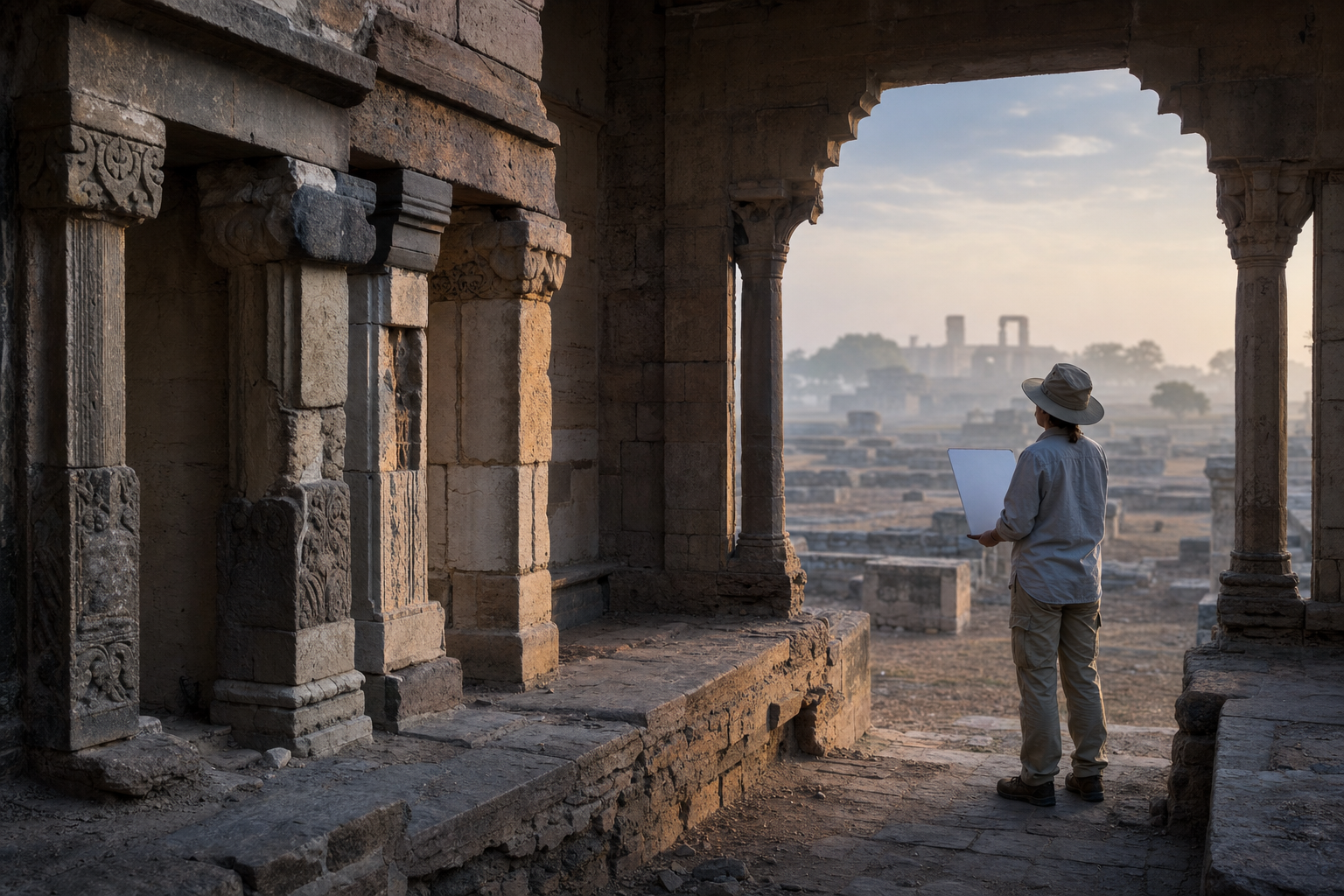 Reused carved columns and masonry joints appear in sharp focus while an indistinct, incomplete architectural outline recedes beyond the arcade.