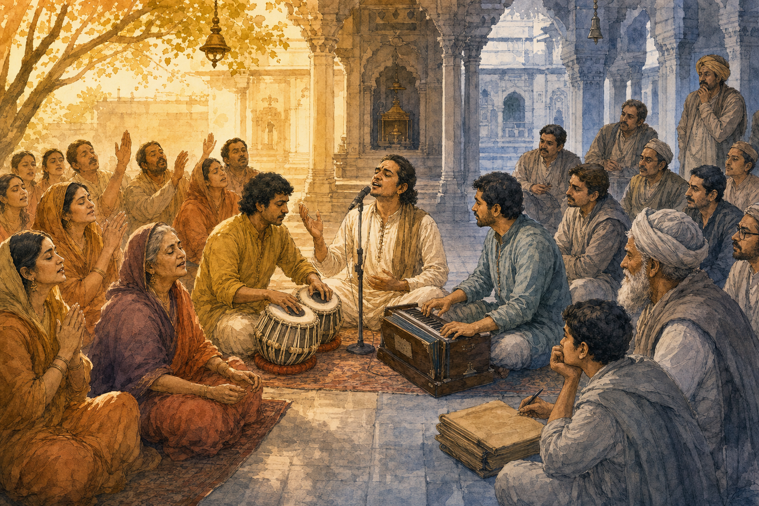 A courtyard devotional performance is shown with prayerful listeners on one side and close observers studying its material setting on the other.