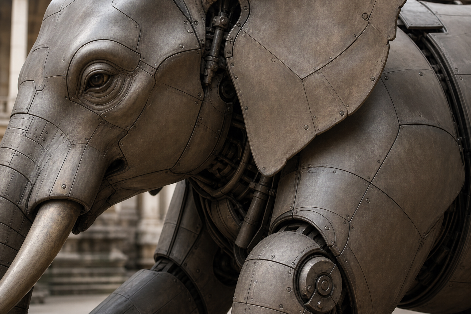 Close-up of a mechanical elephant showing sculpted skin panels, hinges, and engineered joints around its head and front leg.