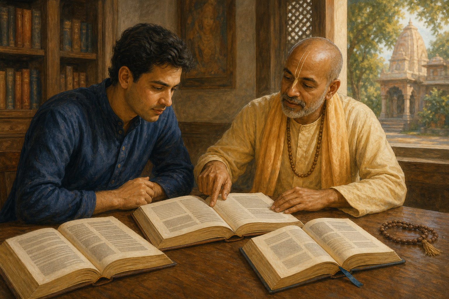 A reader and an experienced Vaishnava practitioner carefully examine several open sacred texts together at a library table.