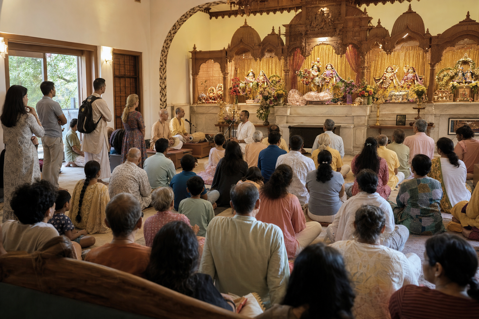 A congregation faces a decorated altar while musicians lead devotional chanting in a Hindu temple hall.