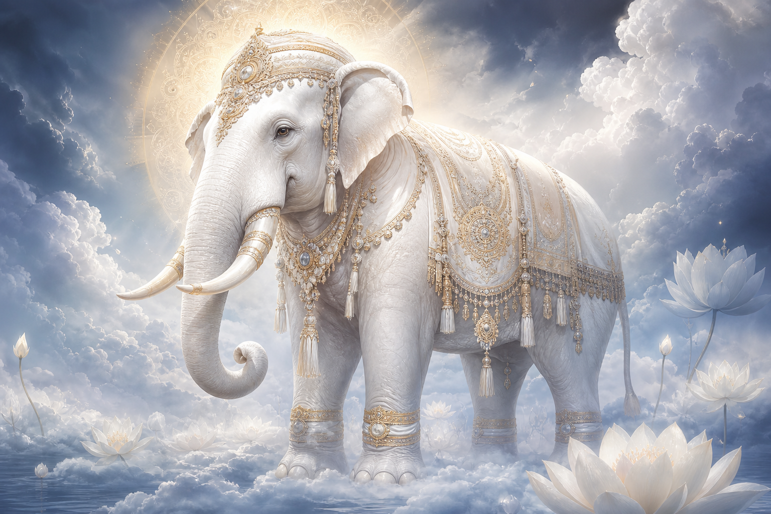 An illustrated white celestial elephant standing among blue-gray monsoon clouds, lotus forms, and golden light.