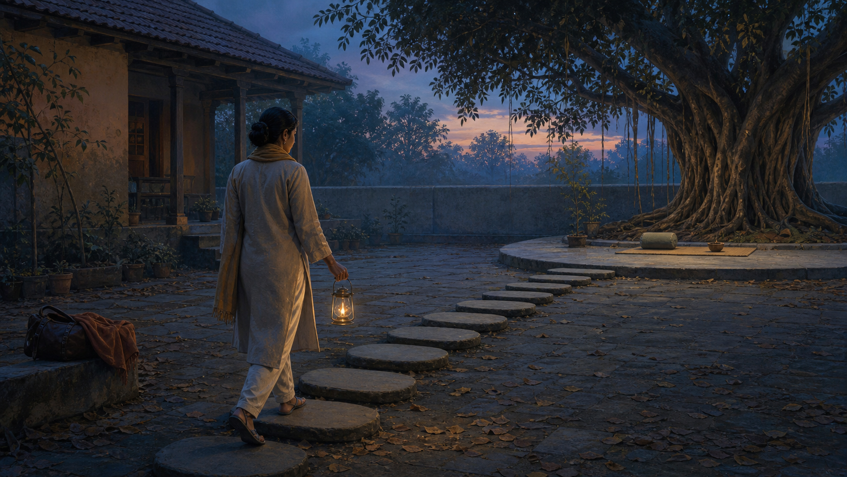 A person carries a protected lantern along a stone path through a quiet courtyard at dawn.