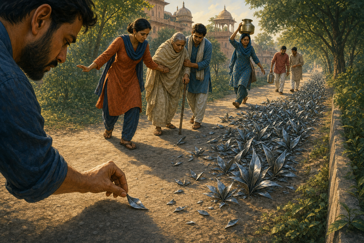 A hand places one sharp metal leaf on a path that becomes increasingly difficult for people farther ahead to cross.