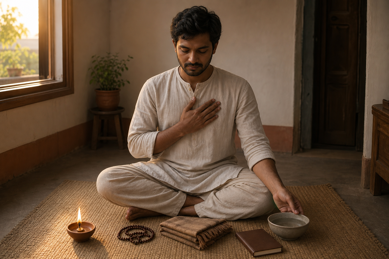 A seated practitioner pauses beside a bowl of water, an oil lamp, prayer beads, and a closed notebook at dawn.