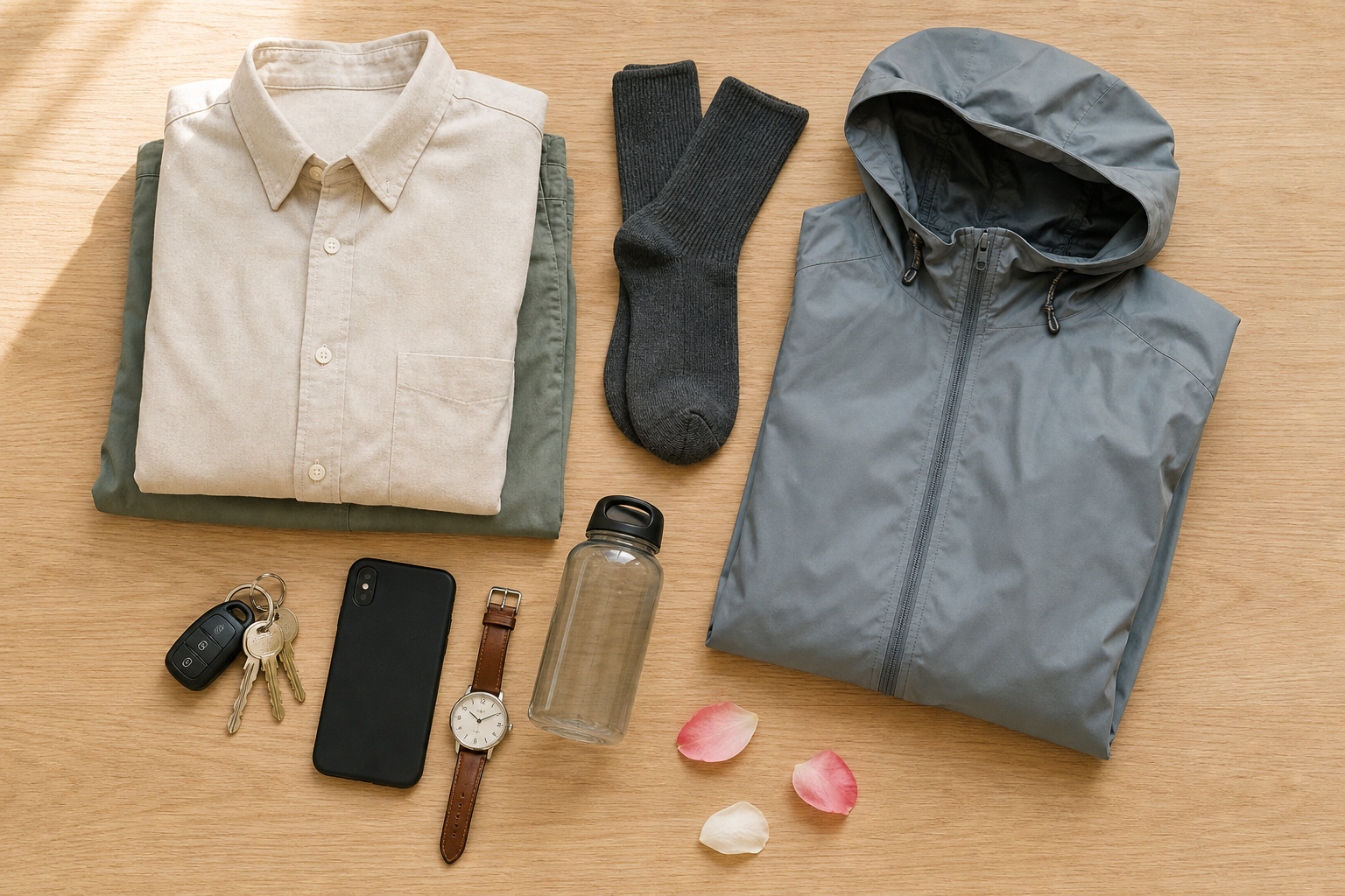 Modest clothing, clean socks, a raincoat, water bottle, keys, watch, and face-down phone are arranged for a temple visit.