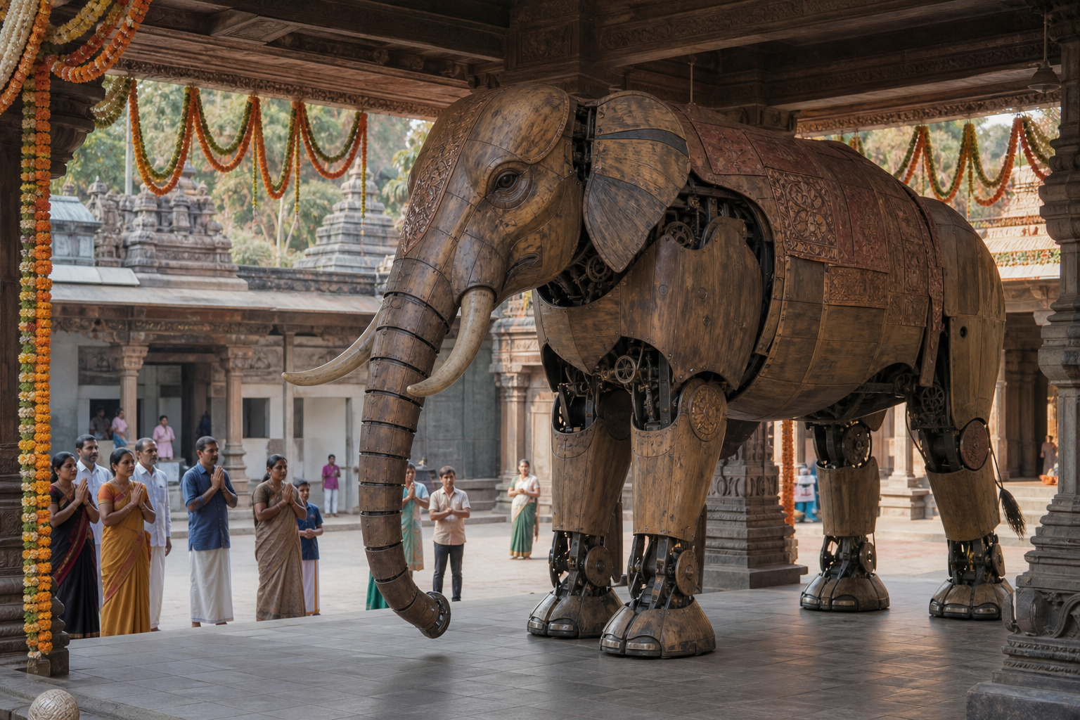 Pilgrims calmly observe a mechanical elephant with visible articulated joints beneath a temple pavilion.