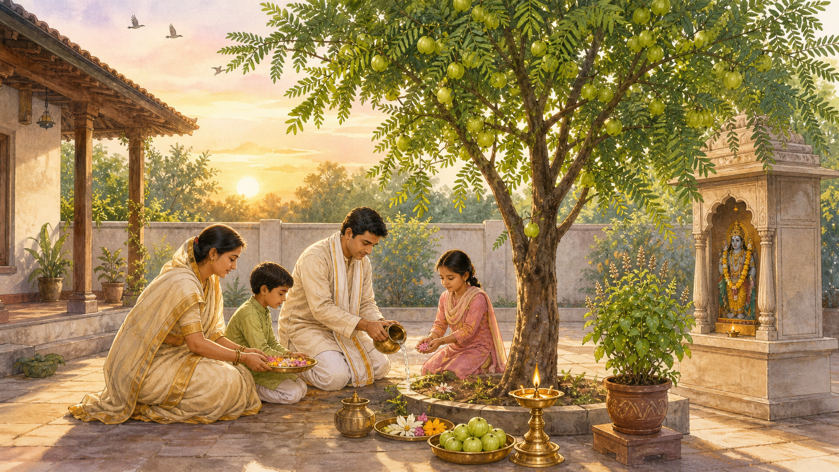 A family worships beside an amla tree and a small Vishnu shrine at sunrise.