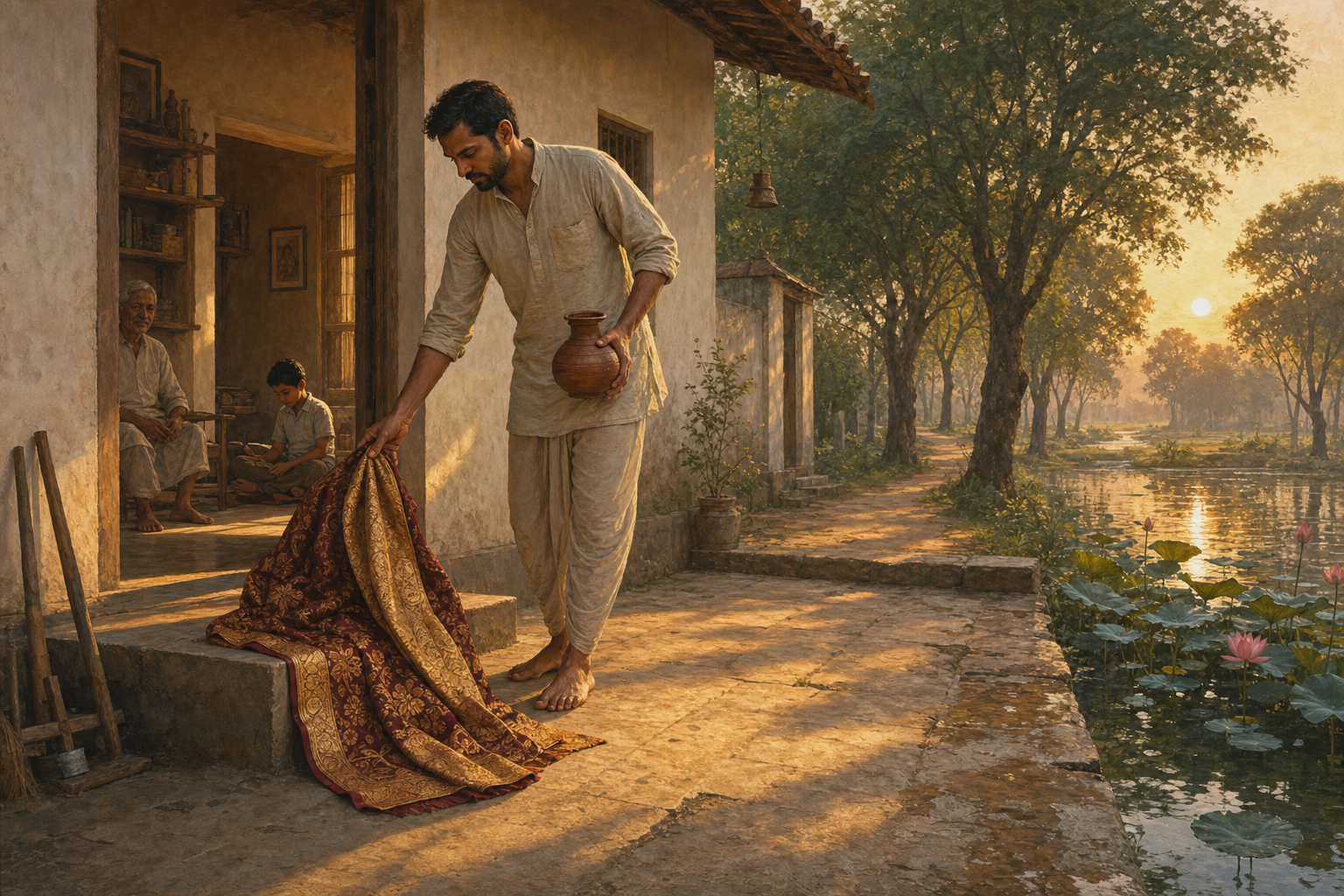 An Indian householder stands between a modest home and a tree-lined path, setting down an ornate shawl while holding a plain clay water vessel.