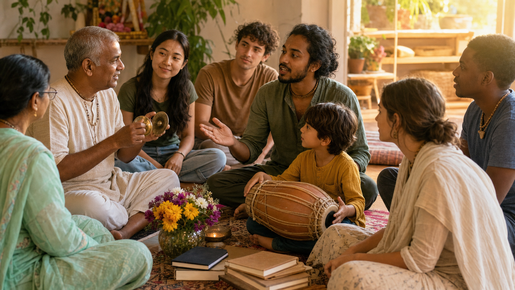 Adults and children of different backgrounds share devotional music and instruction in a small intergenerational gathering.