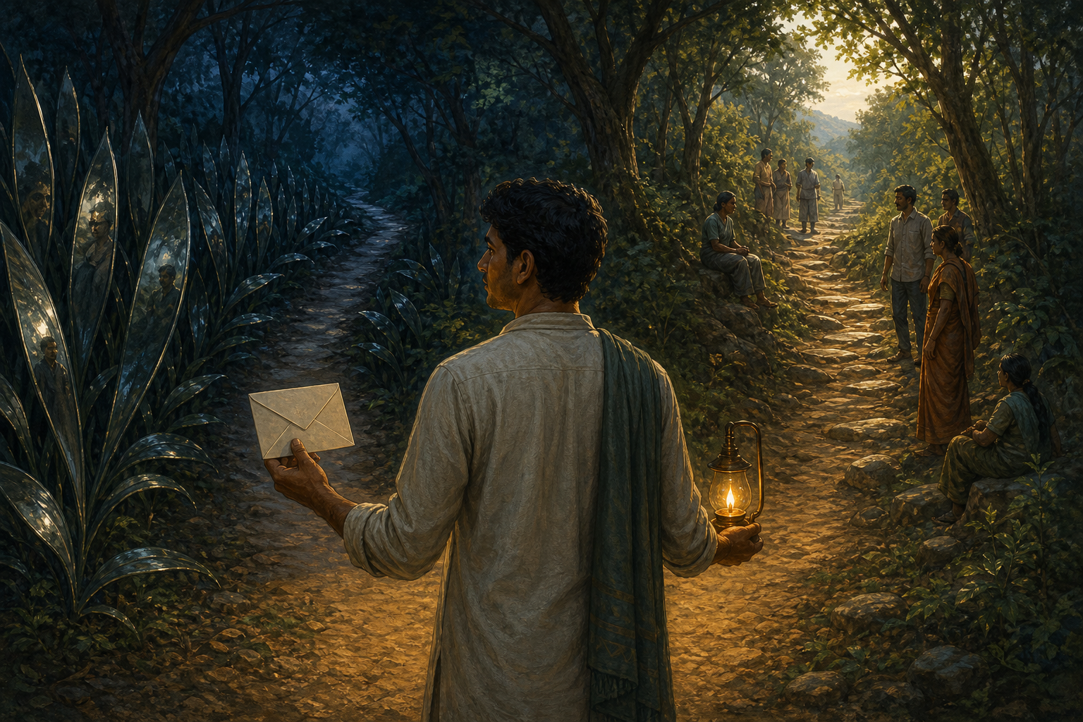 A person with a sealed letter and an oil lamp pauses between a blade-lined shortcut and a steeper open path.