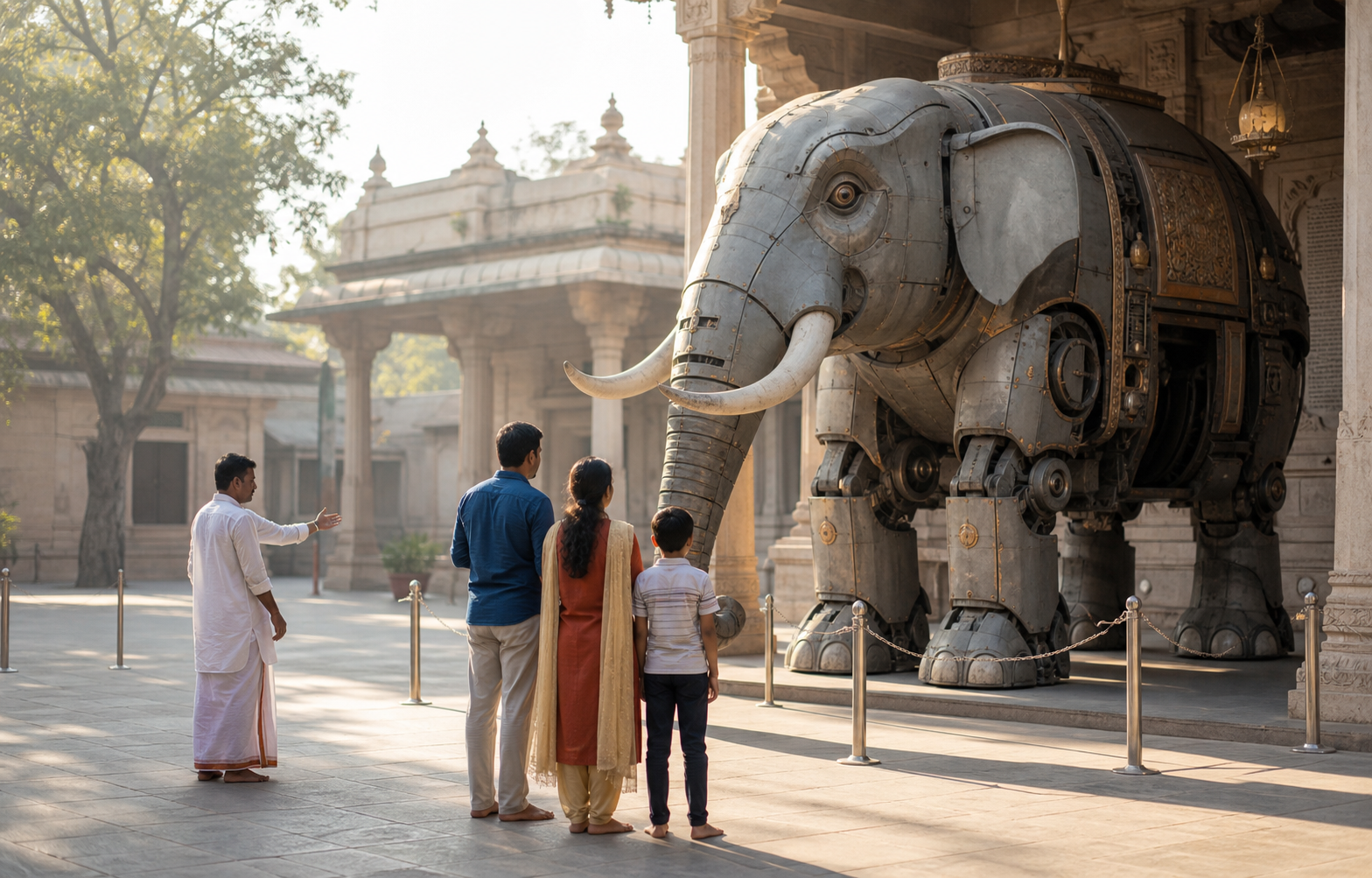 Pilgrims maintain a respectful distance while viewing a stationary mechanical elephant in a quiet temple courtyard.