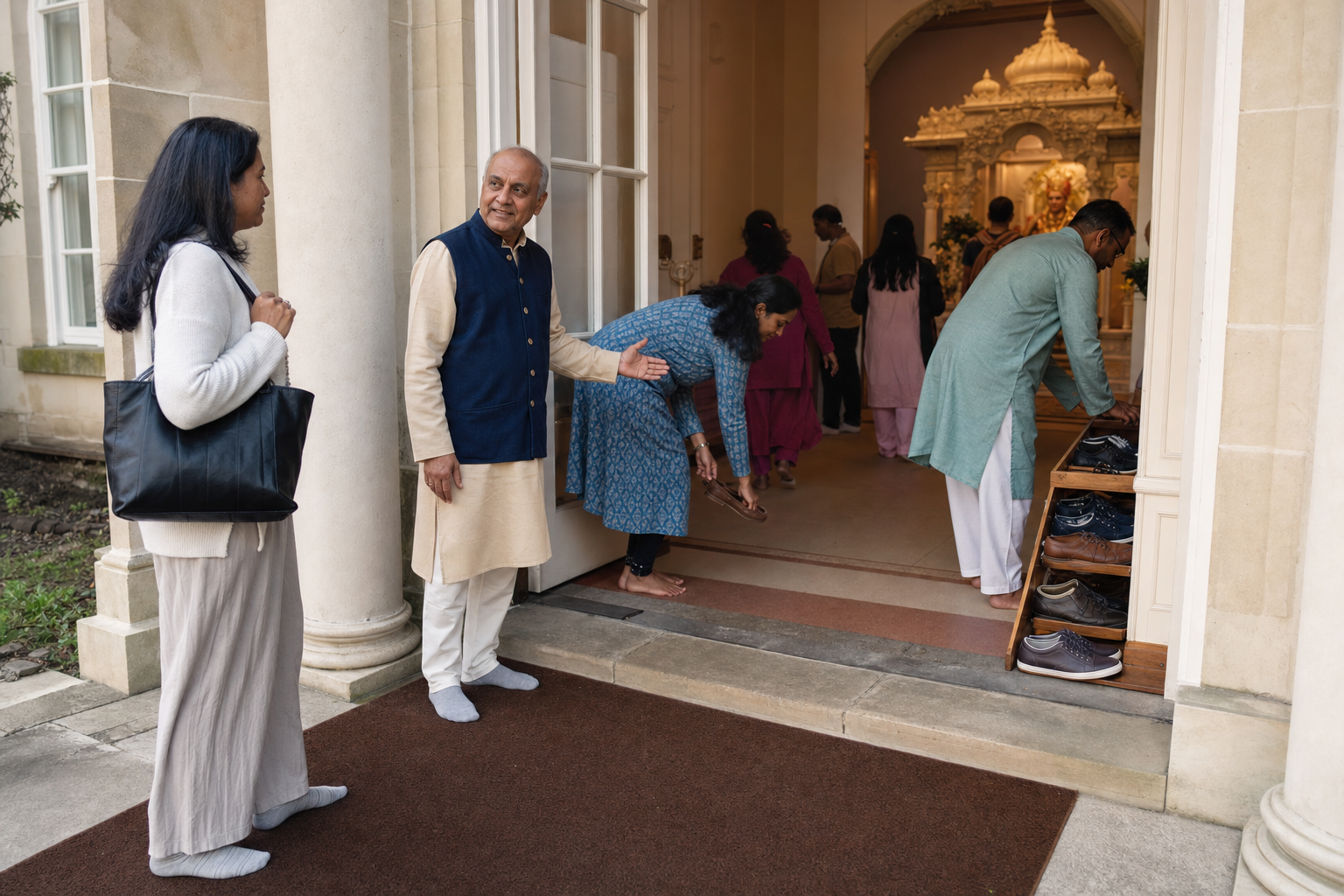 A visitor follows the example of other guests removing their shoes at the entrance to a Hindu temple.