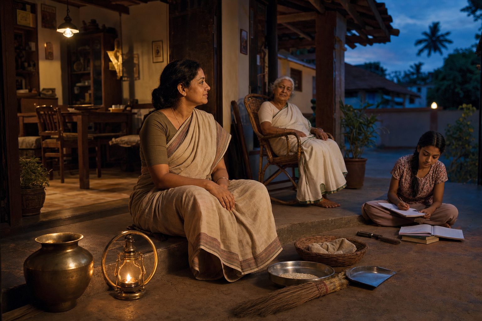 An adult sits in quiet reflection on a veranda after attending to work and family members in a modest household.