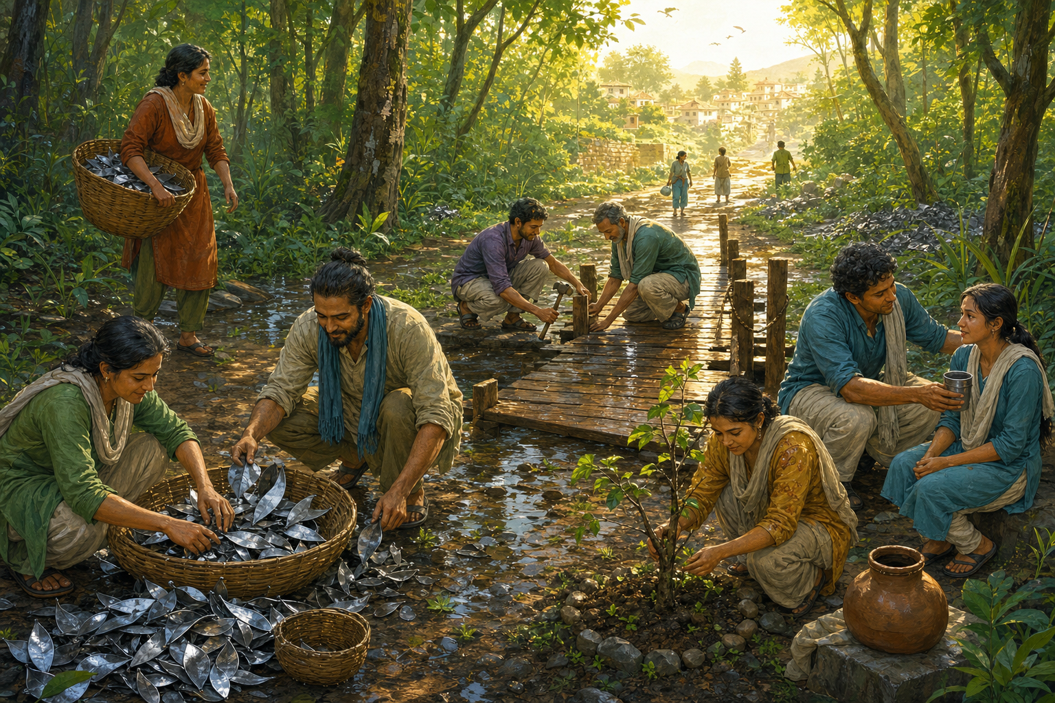 Neighbors clear metal leaves from a path, repair a footbridge, tend a sapling, and help a burdened person.