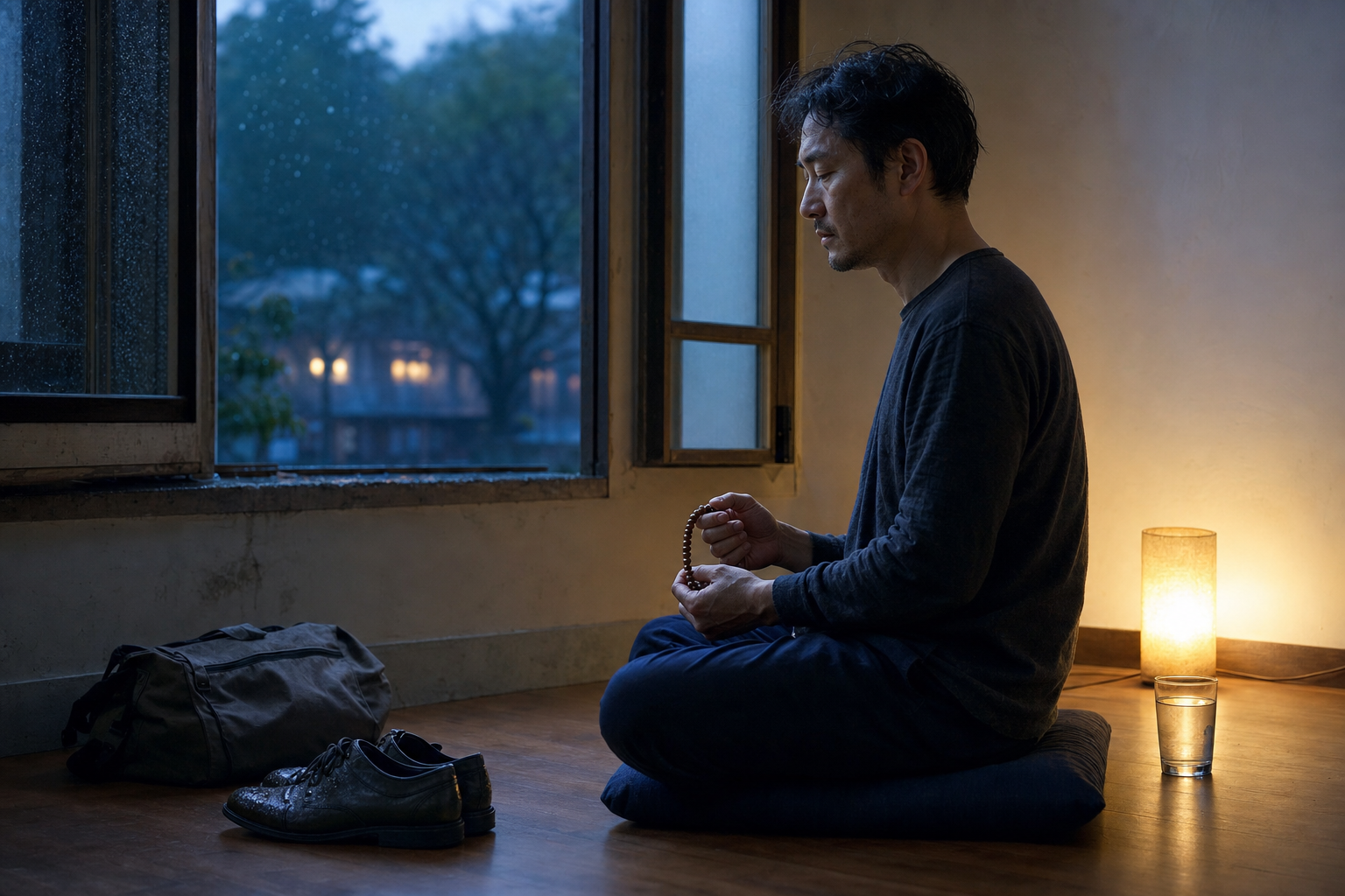 A tired person sits upright with prayer beads beside an open window on a rainy evening.