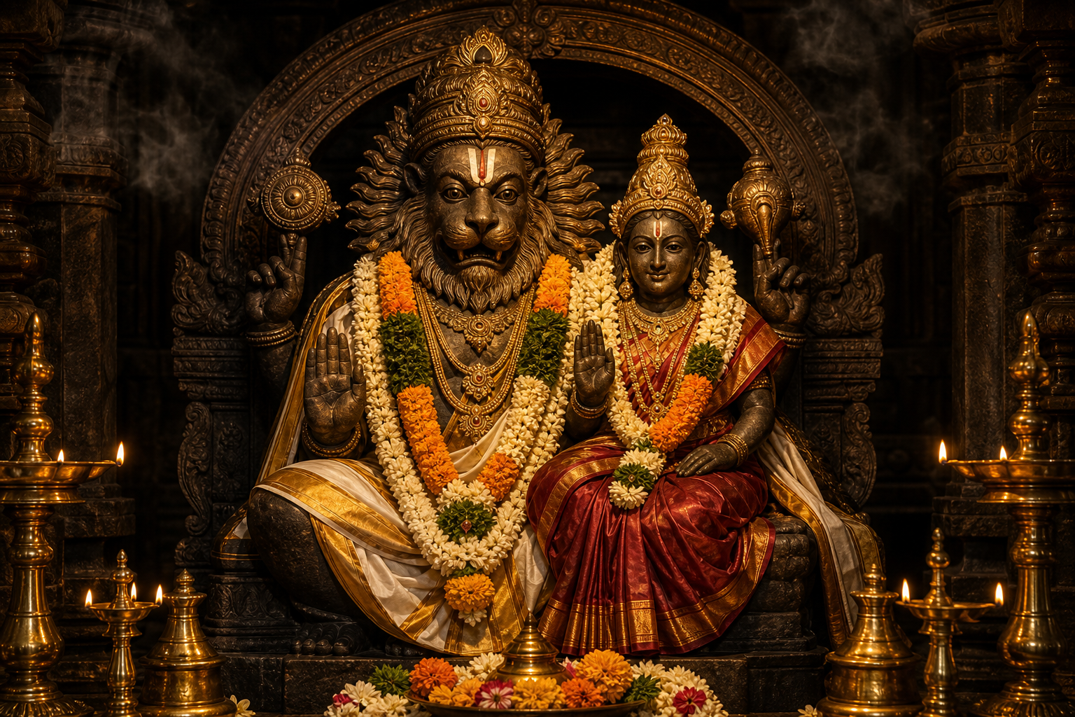 A garlanded stone image of Lakshmi beside the seated lion-faced Narasimha is illuminated by brass oil lamps inside a temple sanctum.