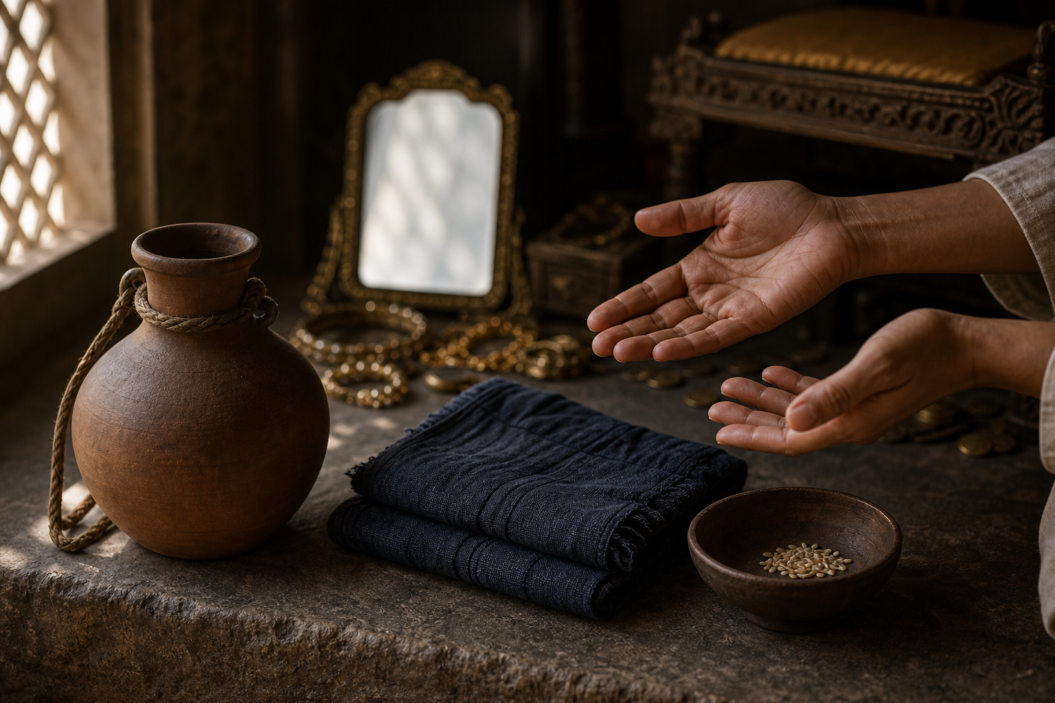 Relaxed hands hover over a plain water pot, folded cloth, and simple bowl while jewelry, coins, and a mirror recede into shadow.