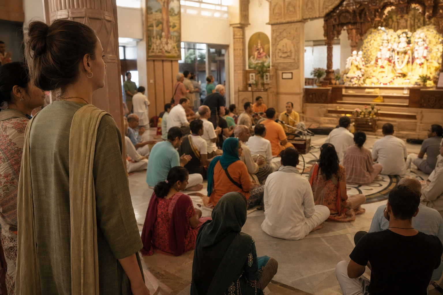 A first-time visitor stands attentively among worshippers singing and clapping during a temple service.