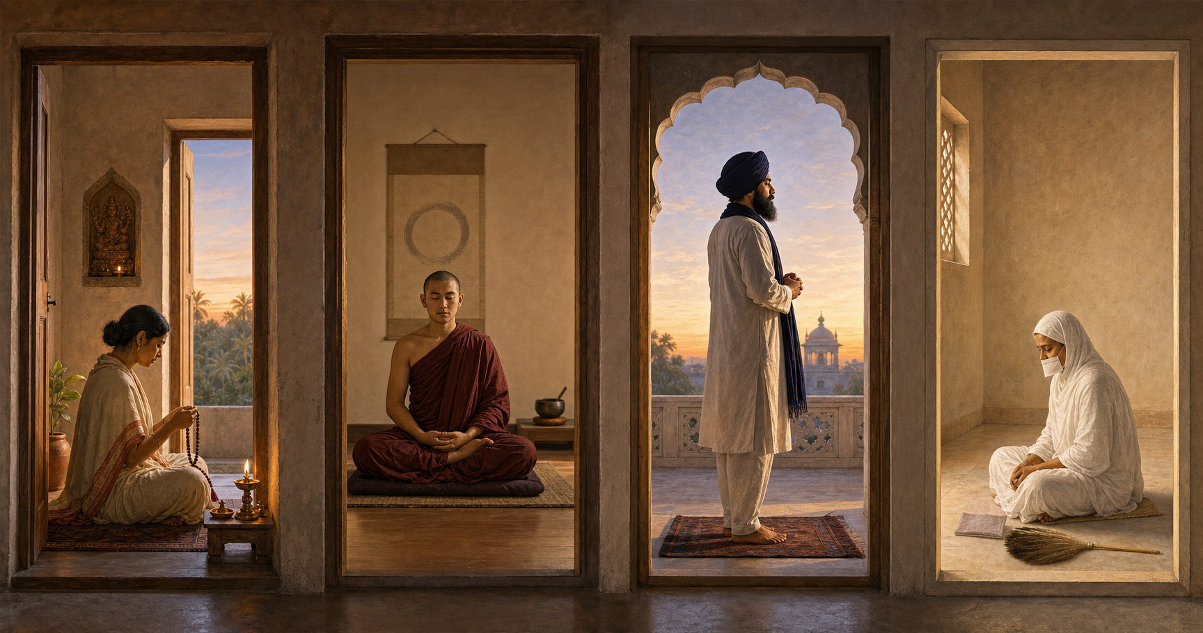 Four separate vignettes show Hindu, Buddhist, Sikh, and Jain practitioners following distinct contemplative routines at dawn.