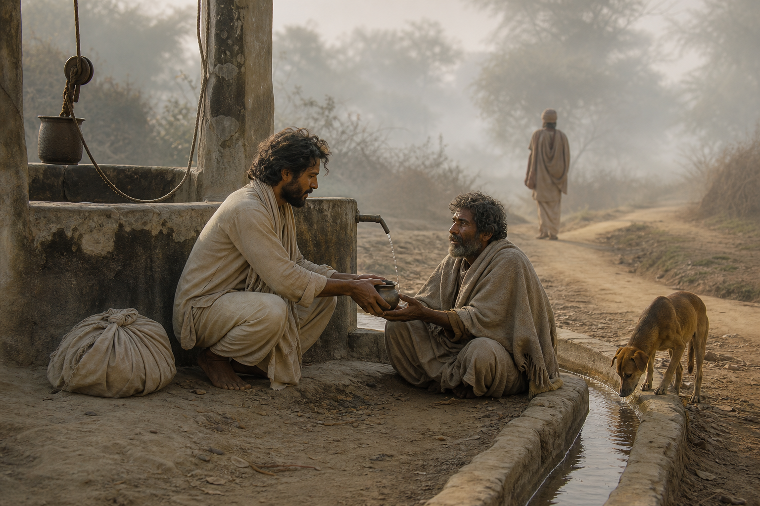 A simply dressed traveler offers water to a weary stranger beside a rural well while a small bundle rests on the ground.