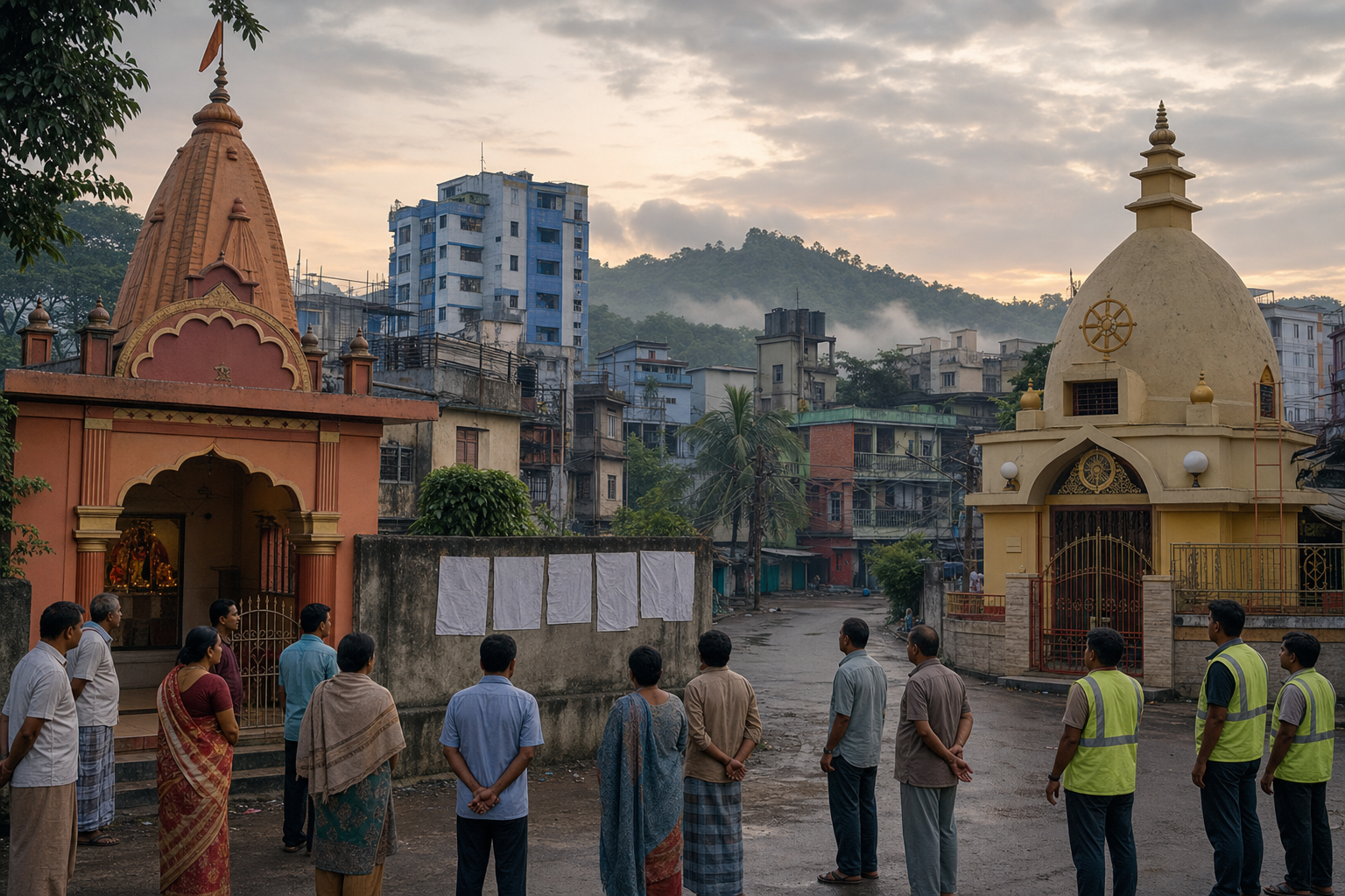 Residents and volunteers stand near a Hindu temple and Buddhist vihara in a Chattogram neighborhood at dawn.