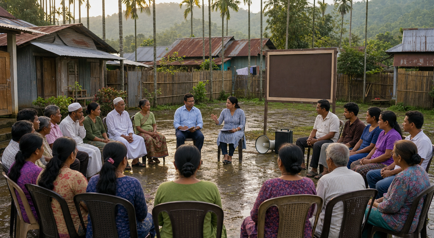 Residents, event organisers, and local administrators hold a peaceful outdoor discussion beside a switched-off loudspeaker in a Panisagar neighbourhood.
