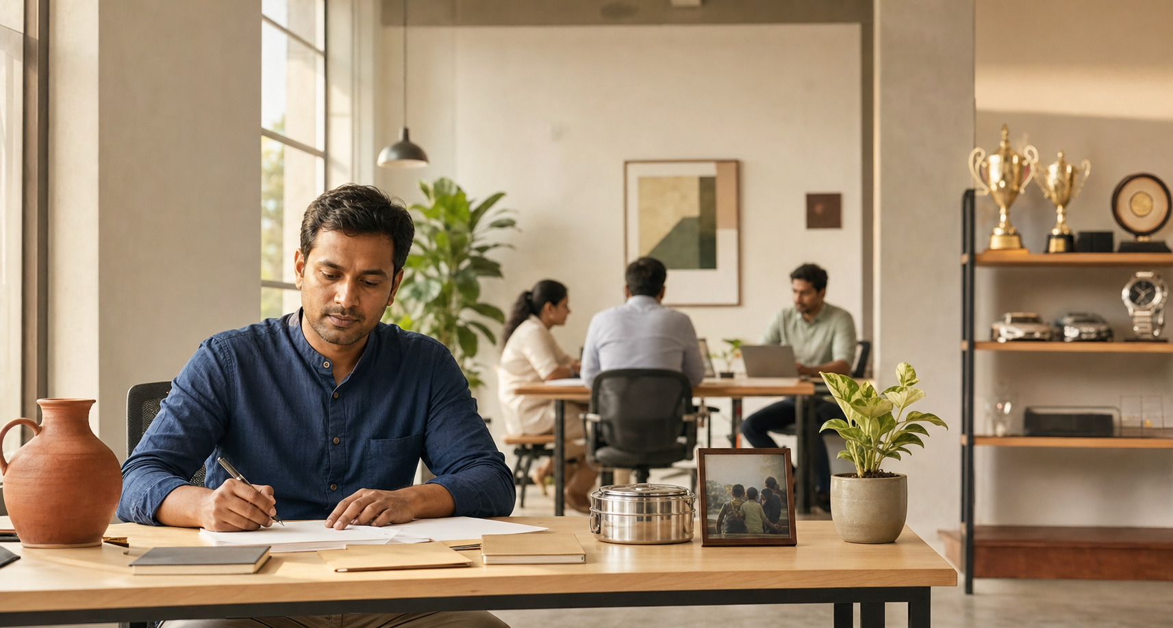 A professional works calmly at a simple desk while awards and luxury objects remain at the edge of a collaborative office.