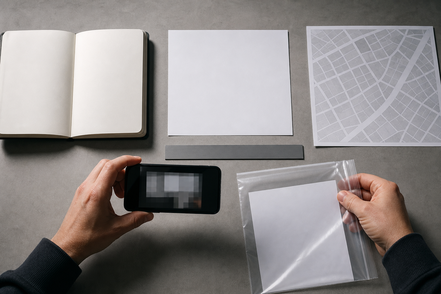Hands document an unmarked paper, a phone, a blank notebook, and an unlabeled map on a desk.
