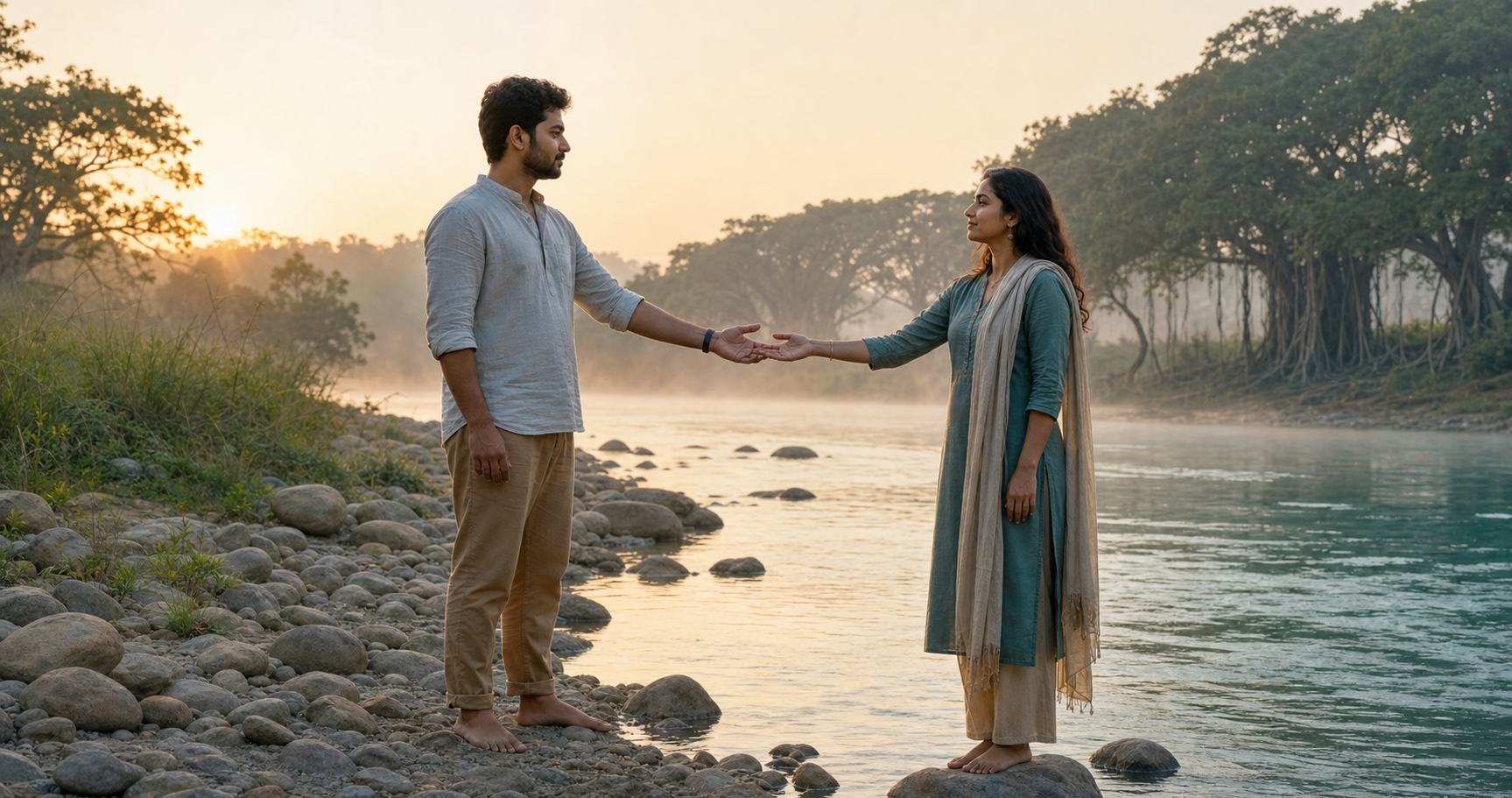 Two adults gently touch open palms beside a misty river at sunrise, with a small space between them.