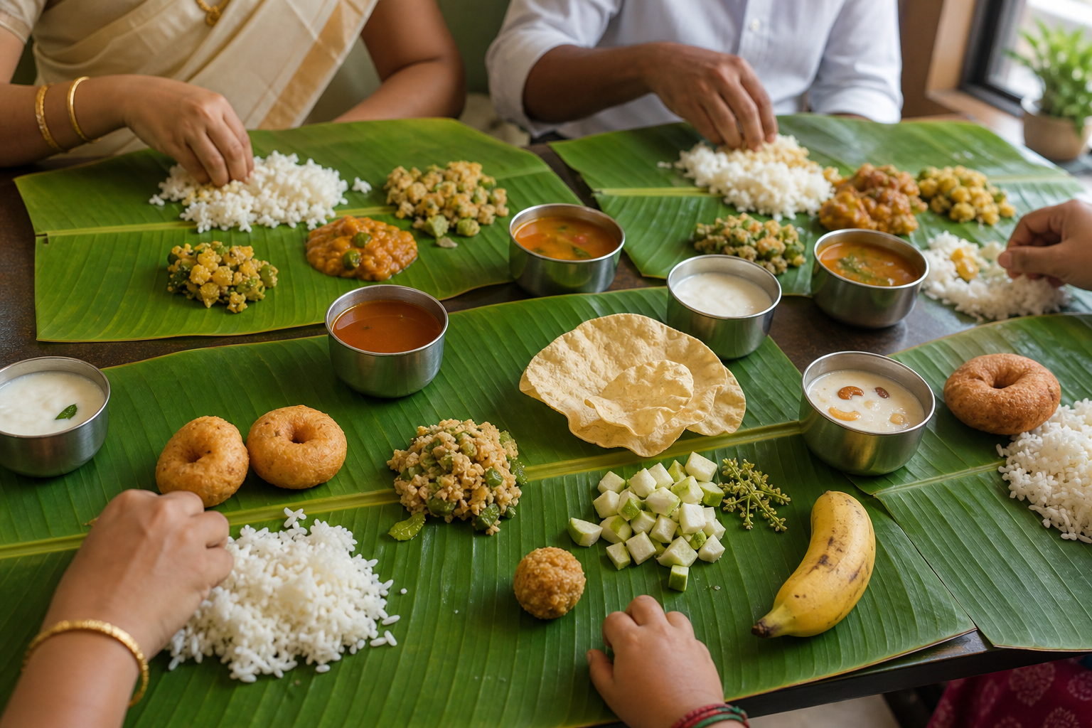 A Tamil Puthandu feast of rice, curries, vegetables, vadai, appalam, mango pachadi, payasam, curd, fruit, and sweets is served on banana leaves.