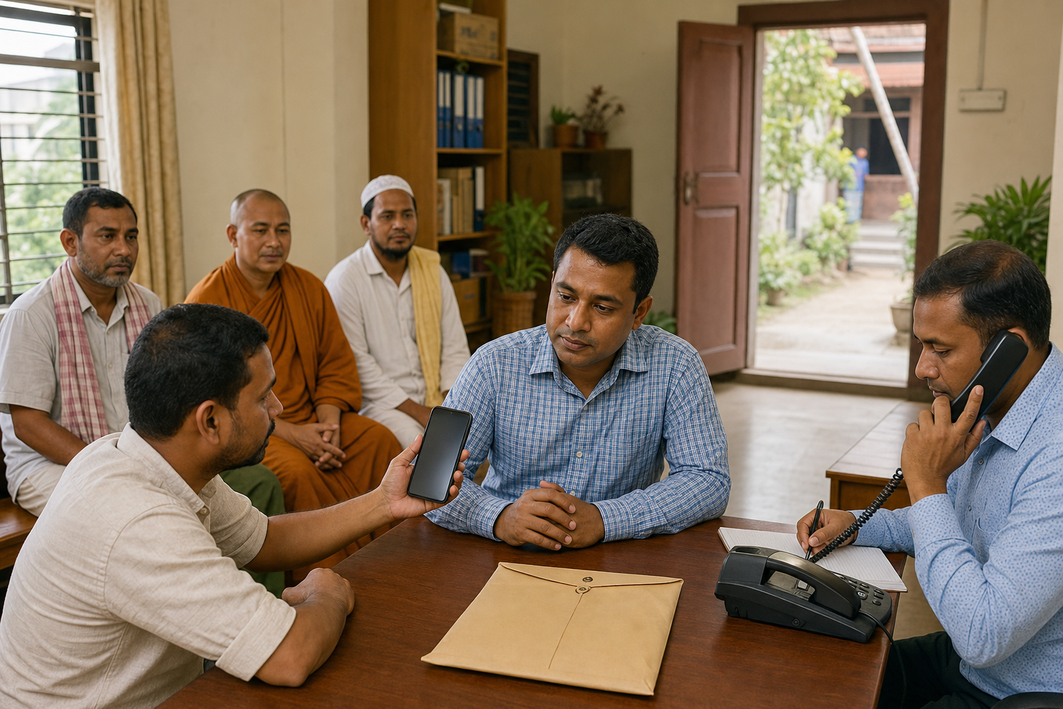 A resident reports information by phone while Hindu and Buddhist community caretakers wait in a quiet office.