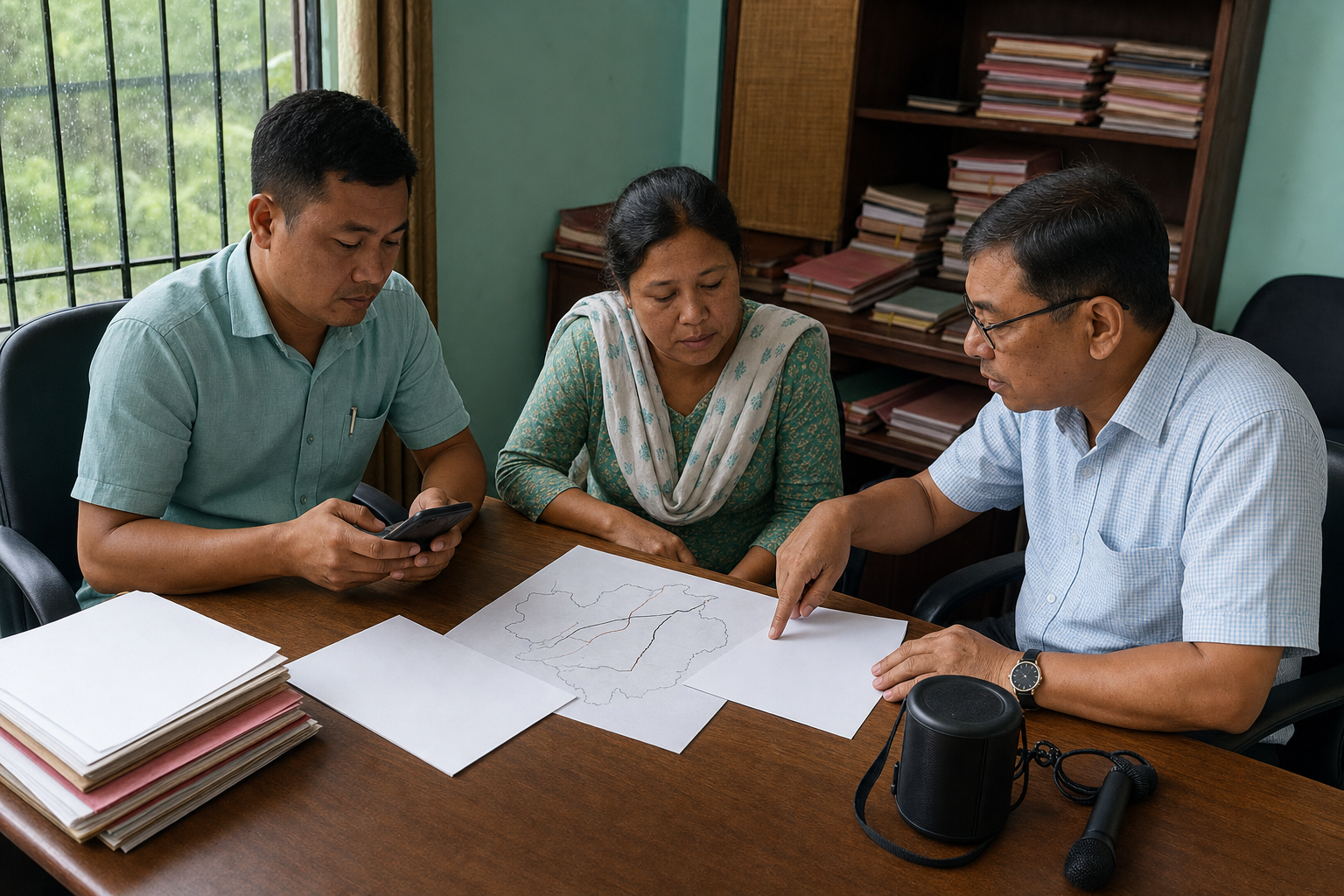 A local official and two community representatives verify blank permit documents and an unlabeled event map at an office desk.