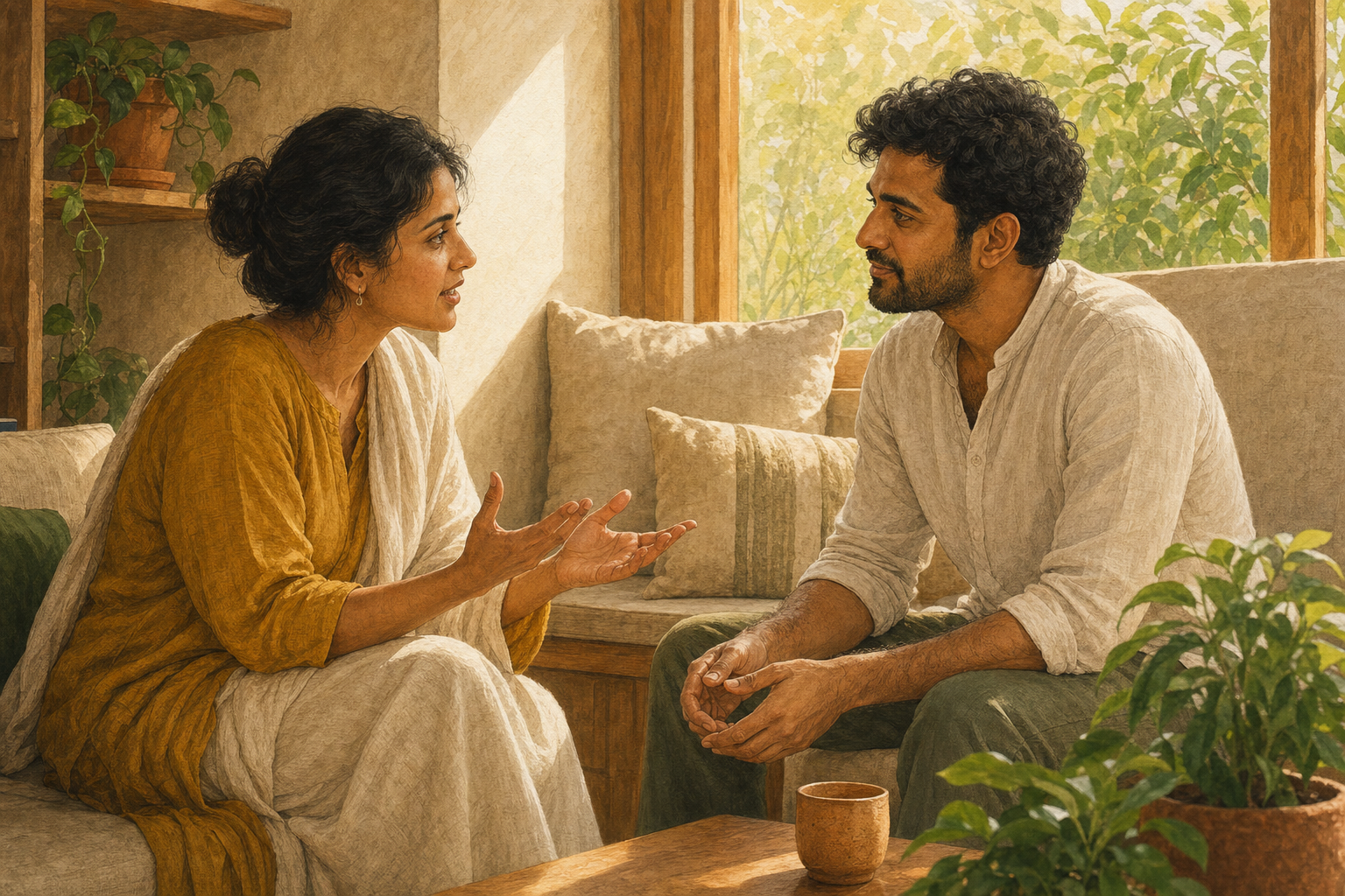One adult listens attentively to a partner in a softly lit home, with both people seated at a comfortable distance.