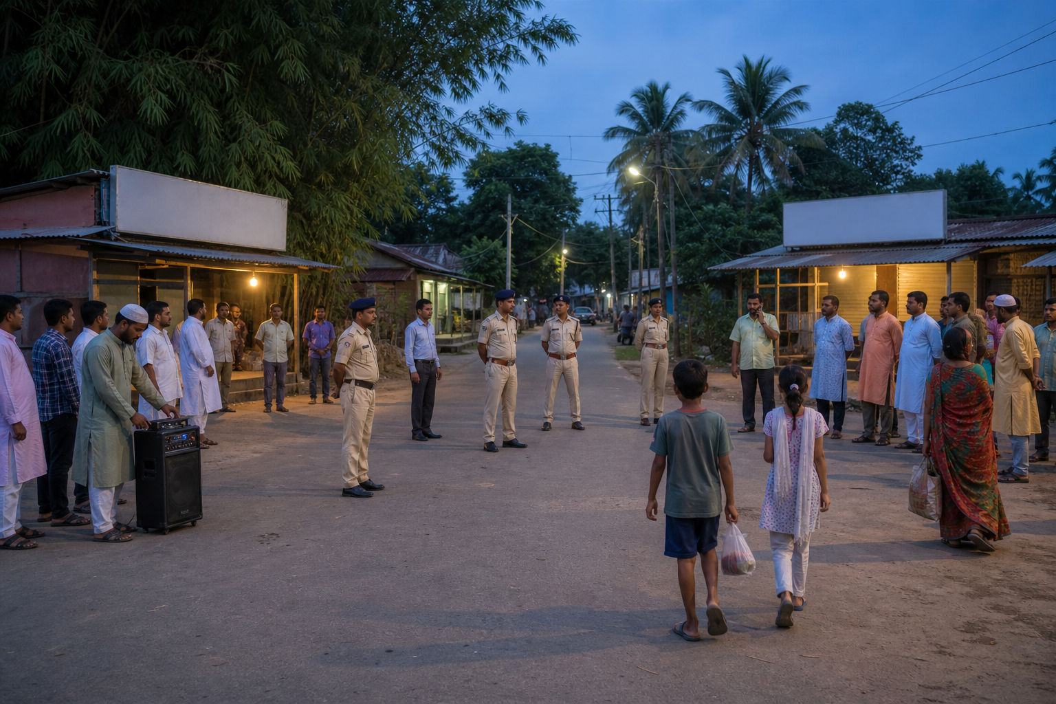 Officials calmly separate residents at a road junction while an event organiser turns down a portable loudspeaker and another person makes a phone call.