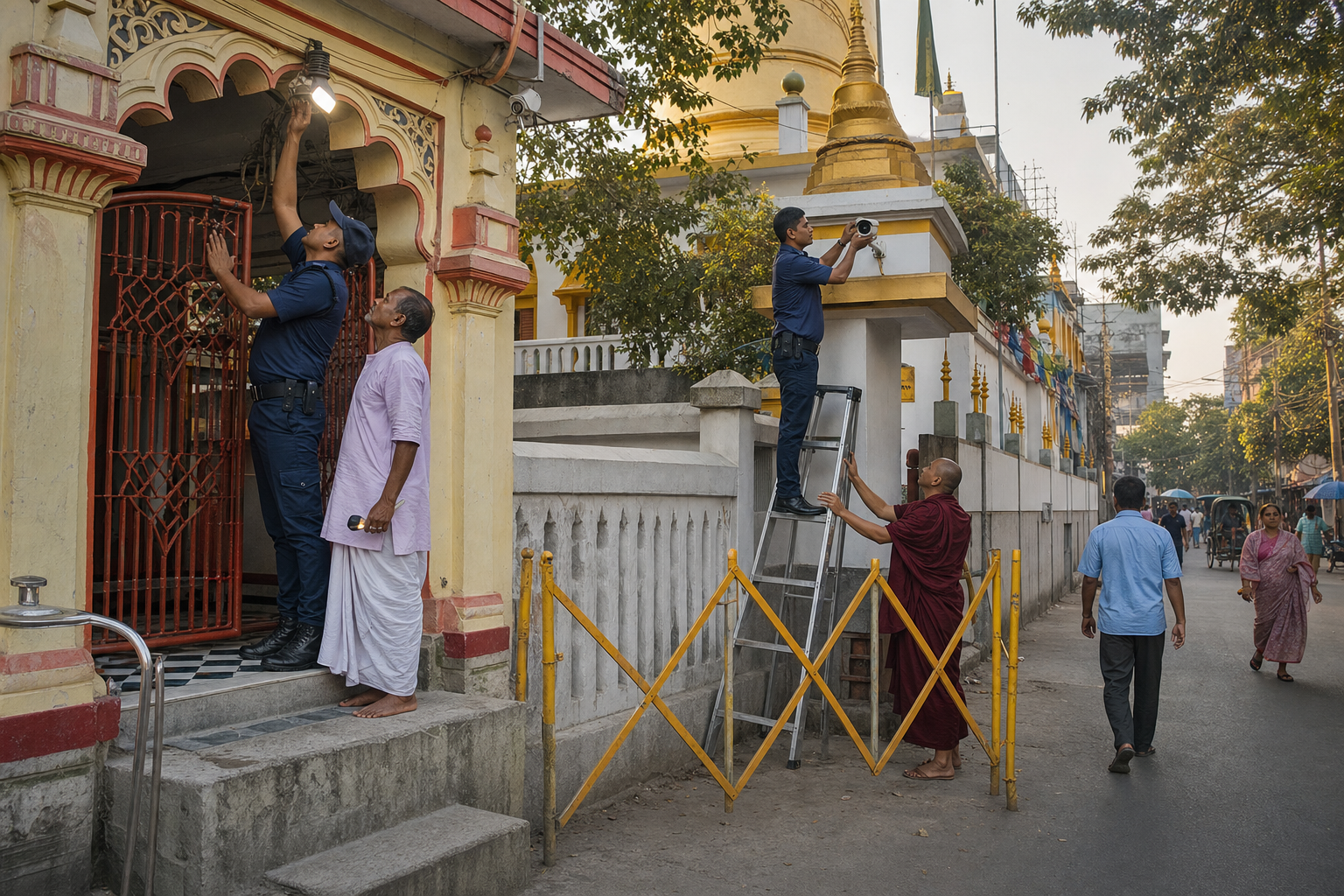 Public-safety officers and religious-site caretakers inspect lighting, entrances, and a security camera in Chattogram.