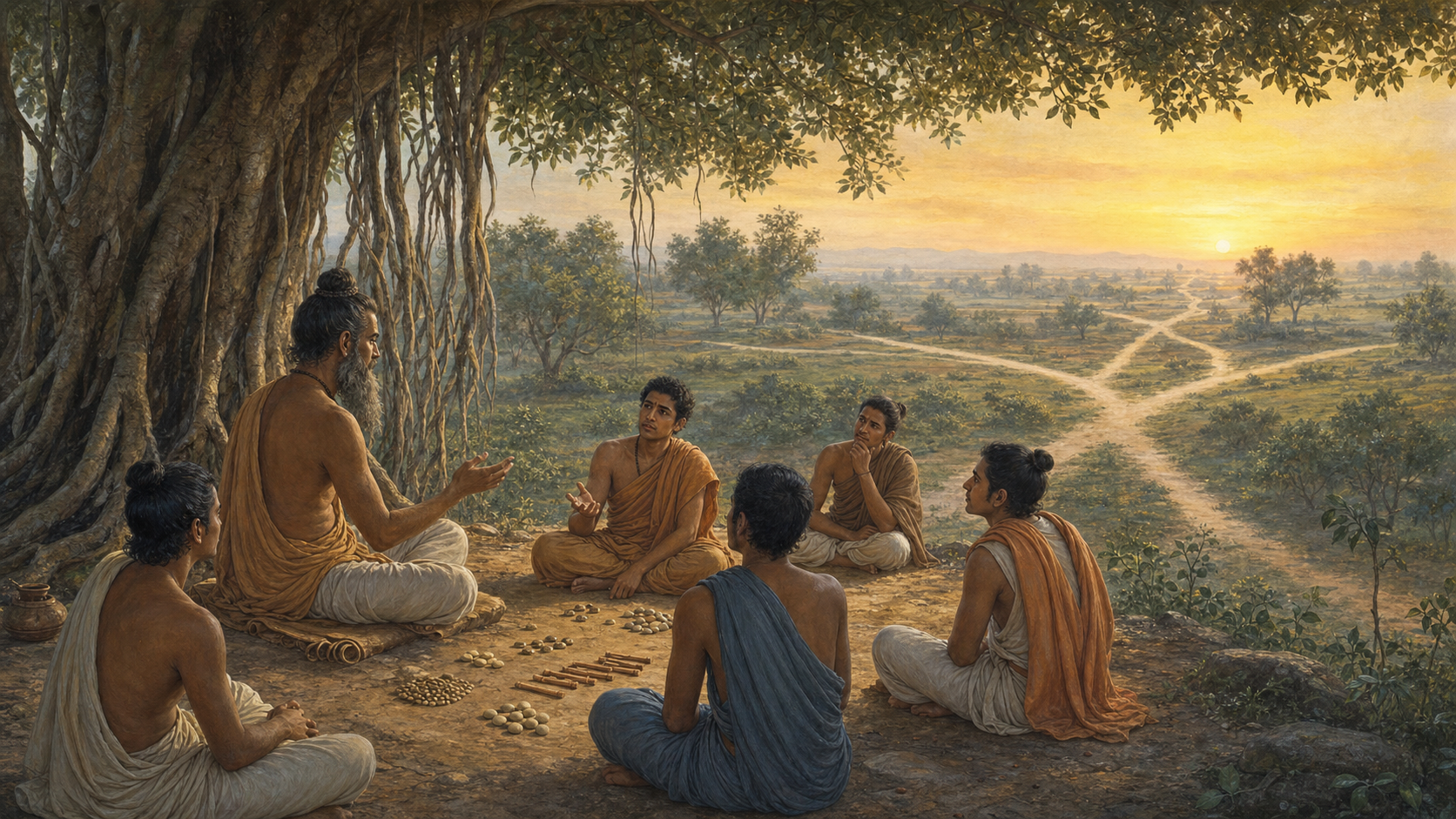 An ancient Indian teacher instructs students beneath a banyan tree beside pebbles and seeds arranged in distinct groups.