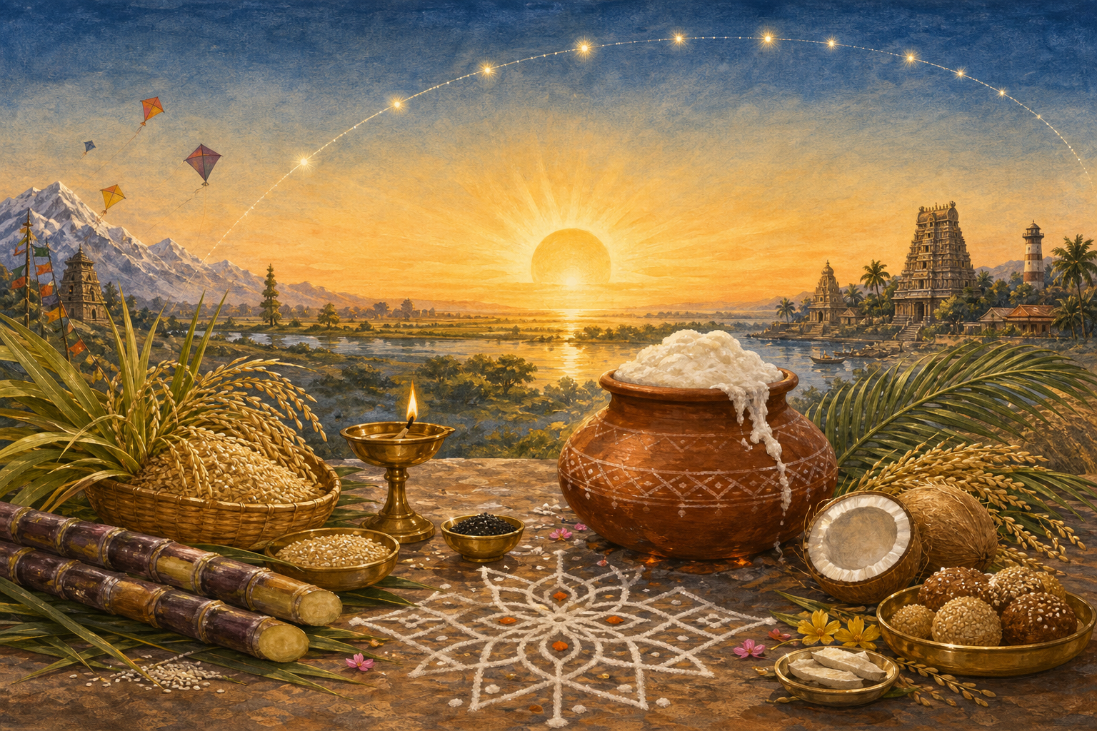 Golden sunrise above harvested rice, sugarcane, a brass lamp, a clay cooking pot, coconut fronds, and a white kolam pattern.
