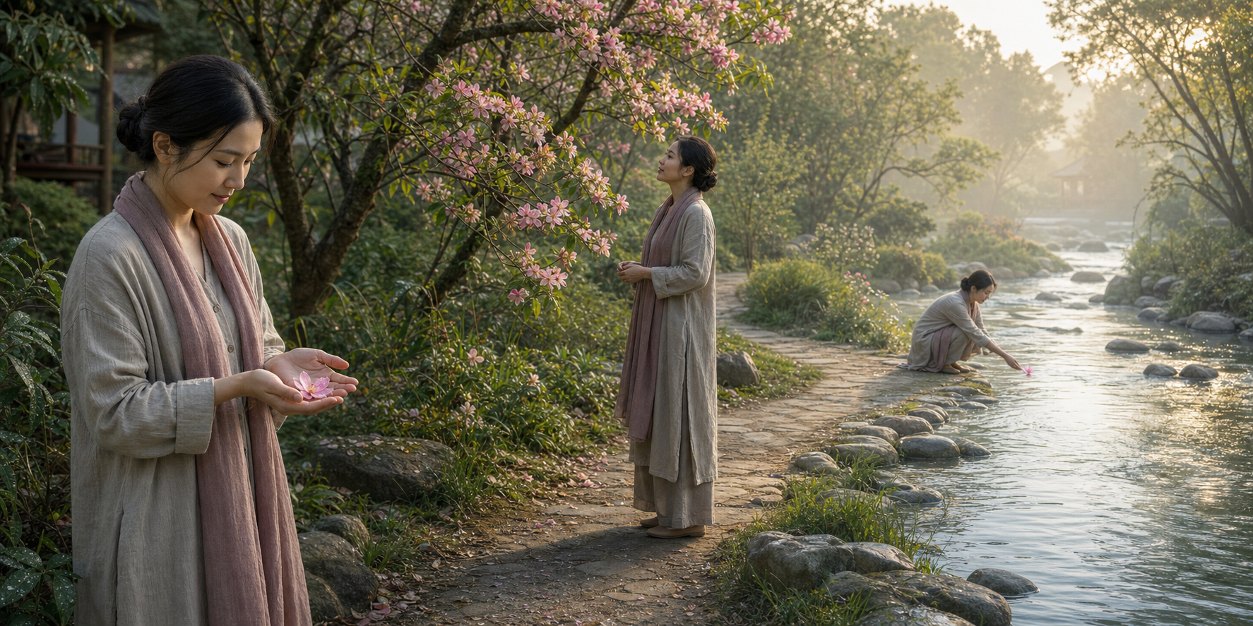 A figure receives a fallen flower, pauses beside a flowering branch, and releases the blossom into a stream along one garden path.