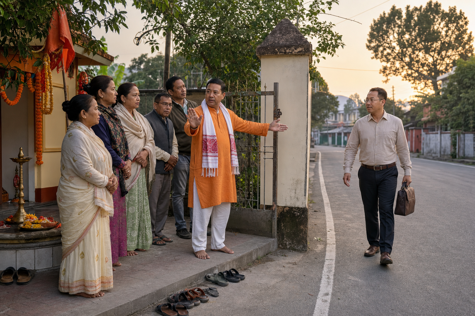 A community volunteer keeps concerned neighbours inside a temple courtyard while directing the issue toward an approaching civil official.