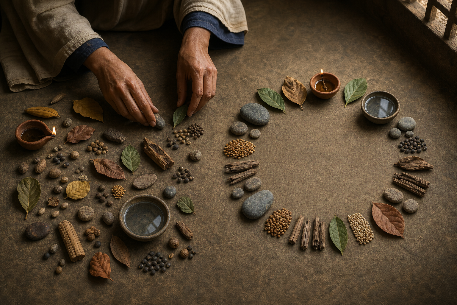 A scholar's hands organize scattered lamps, leaves, seeds, stones, and wooden pieces into a balanced circular arrangement.
