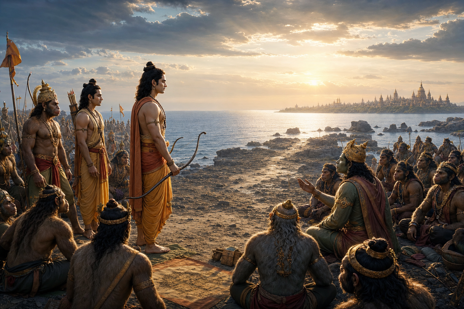 Rama holds a lowered bow while consulting Lakshmana, Hanuman, Vibhishana, and vanara leaders across the sea from Lanka.