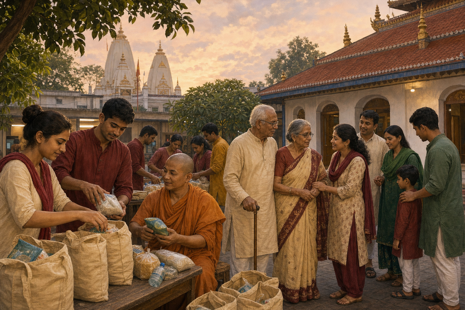 Hindu and Buddhist volunteers prepare supplies and assist an elderly couple in a Chattogram courtyard.