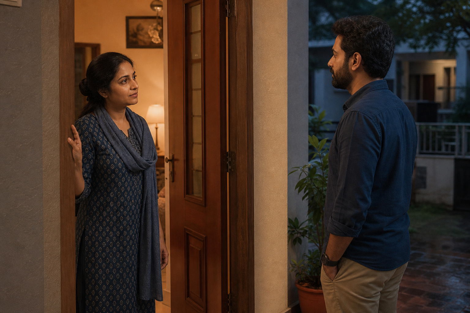 Two adults speak across a partly open doorway, with one person inside and the other waiting at a respectful distance.