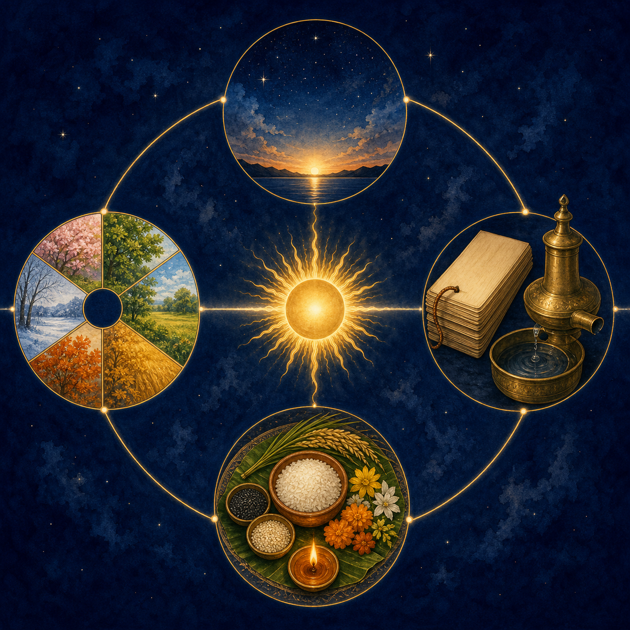 Four connected scenes show a solar boundary, a half-year arc, regional calendar leaves, and a harvest observance around a central sun.