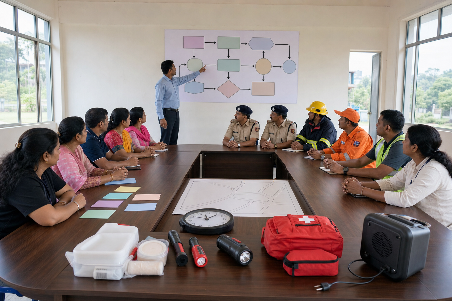 Event organisers, residents, police, and municipal staff rehearse a shared safety protocol around a table in a community hall.