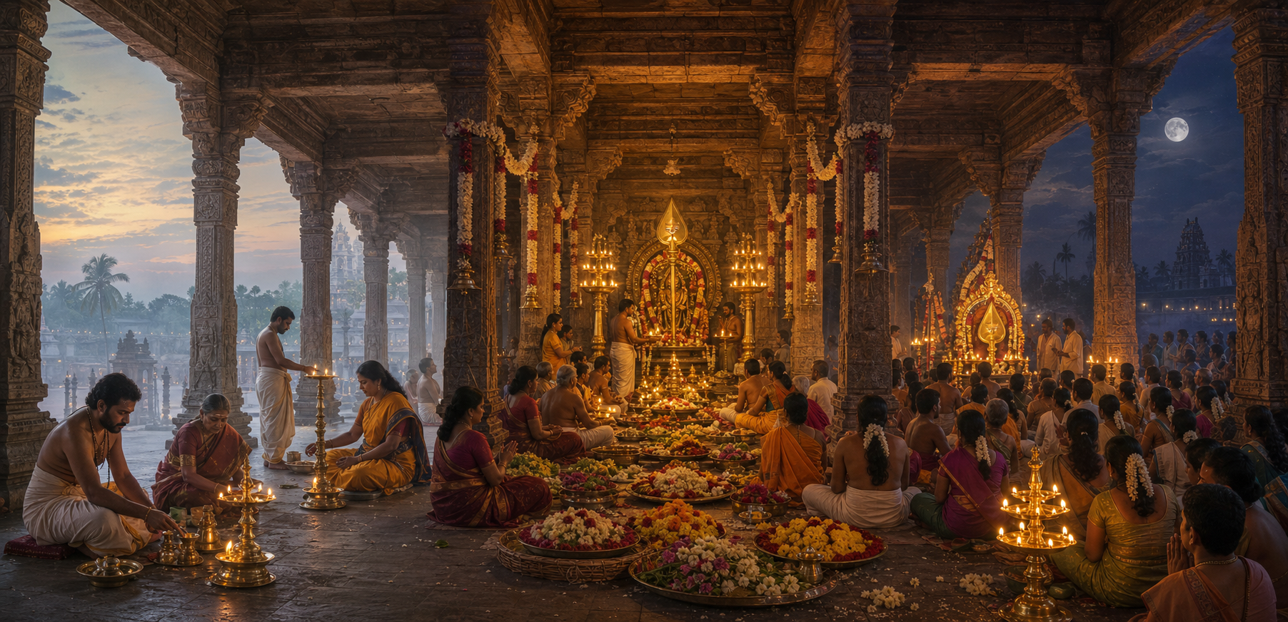 Three connected temple scenes show opening preparations, collective archana, and a larger evening congregation illuminated by oil lamps.