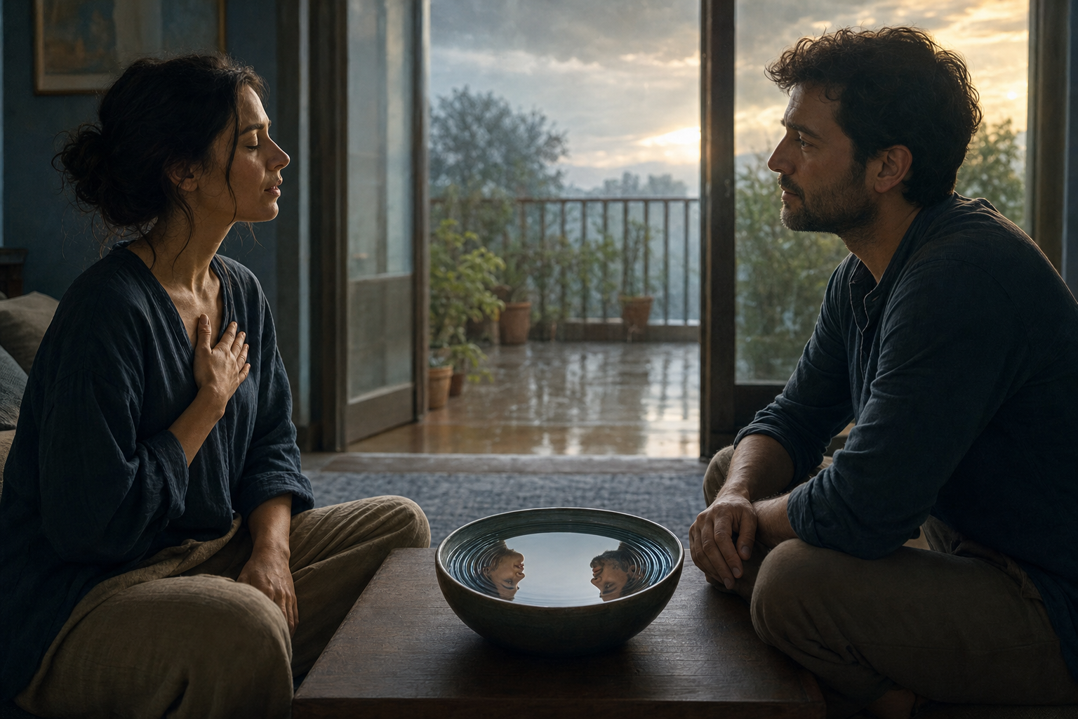 Two adults pause during a difficult conversation as ripples settle in a bowl of water between them.