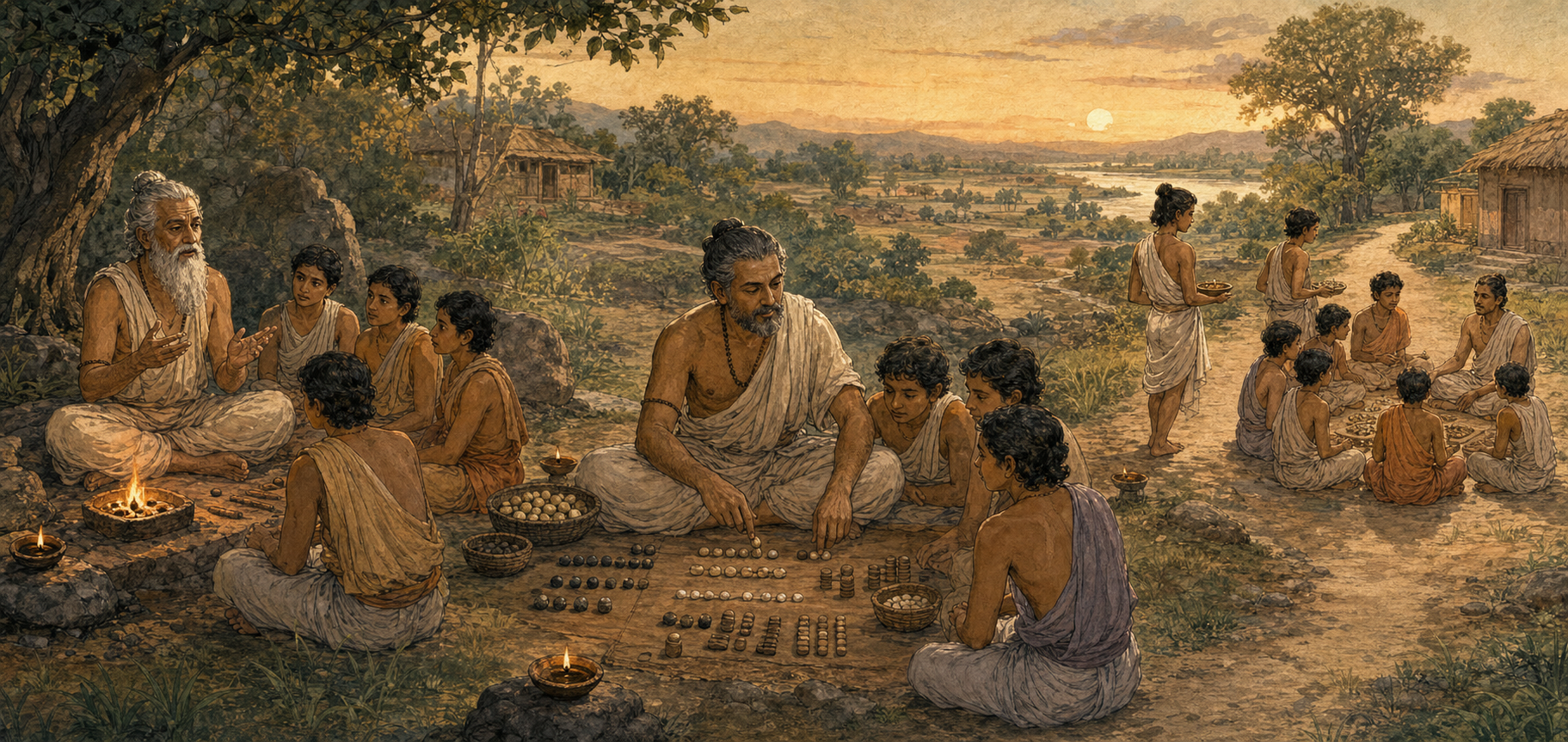 Successive groups of ancient Indian teachers and students transmit and organize a teaching across one landscape.